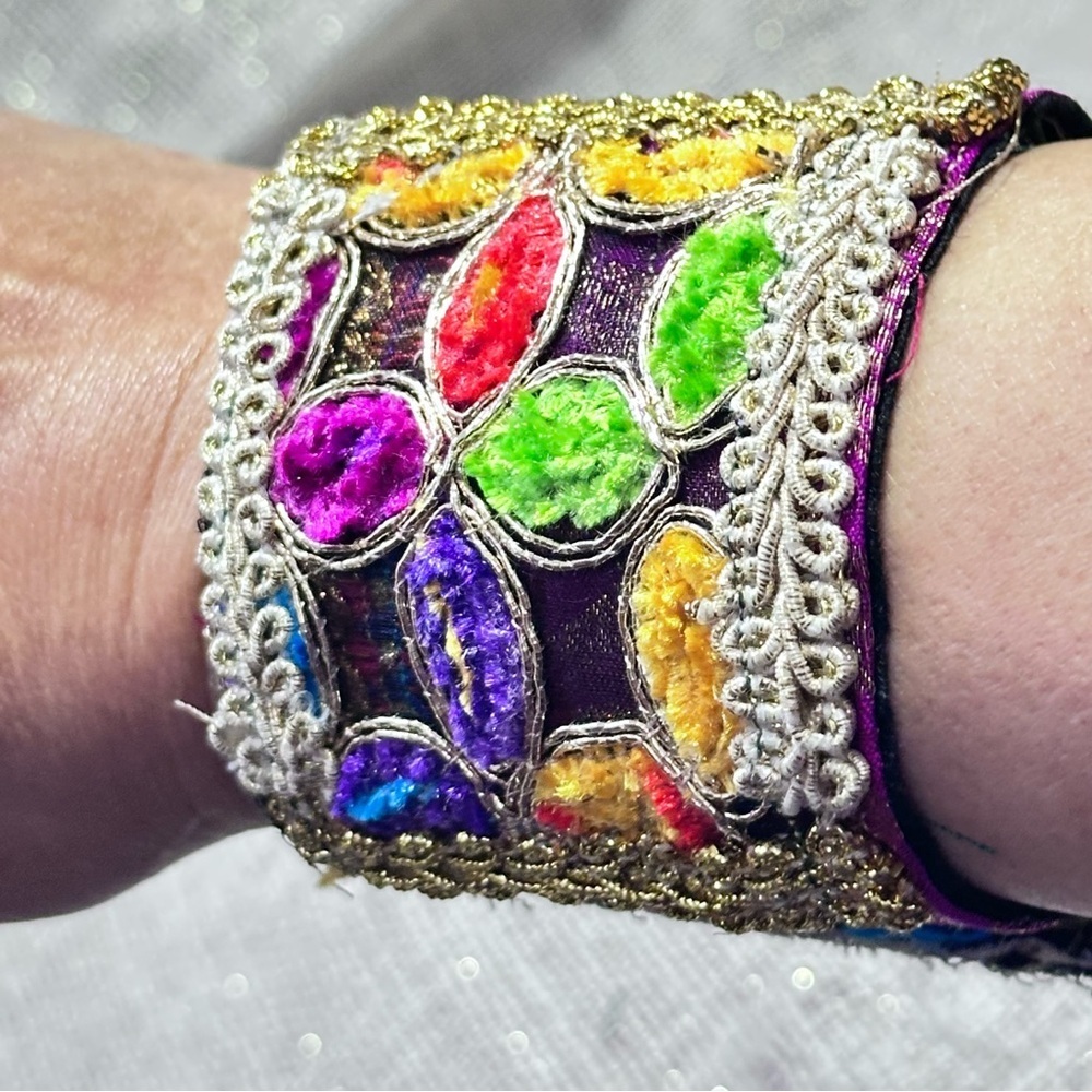 RUBYRUDI Cuff Bracelet Handcrafted OOAK Fabric Embellished Artisan Wearable Art - Picture 7 of 14